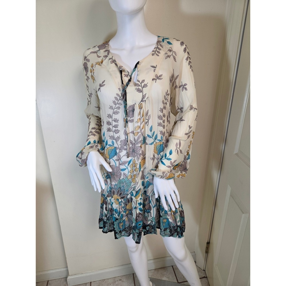 Bebe Made in France Floral Silk Blend Boho Mini Dress Cream Teal Womens Size M